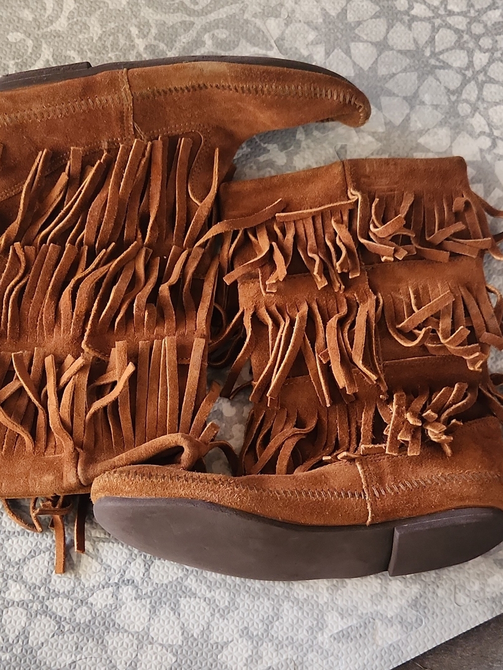 Minnetonka Chestnut Suede Multi-Fringe Moccasins